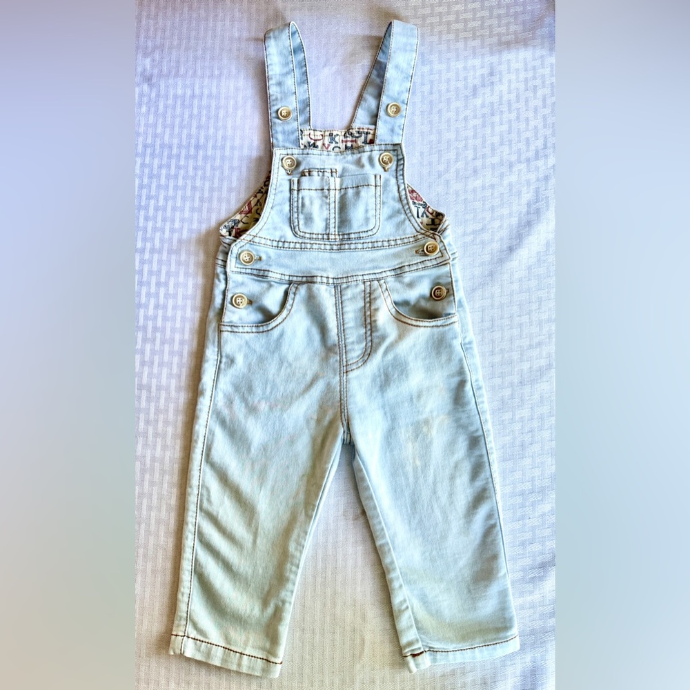 Kidscool Space Baby Overalls 6–12M Light Wash Denim Alphabet Lining
